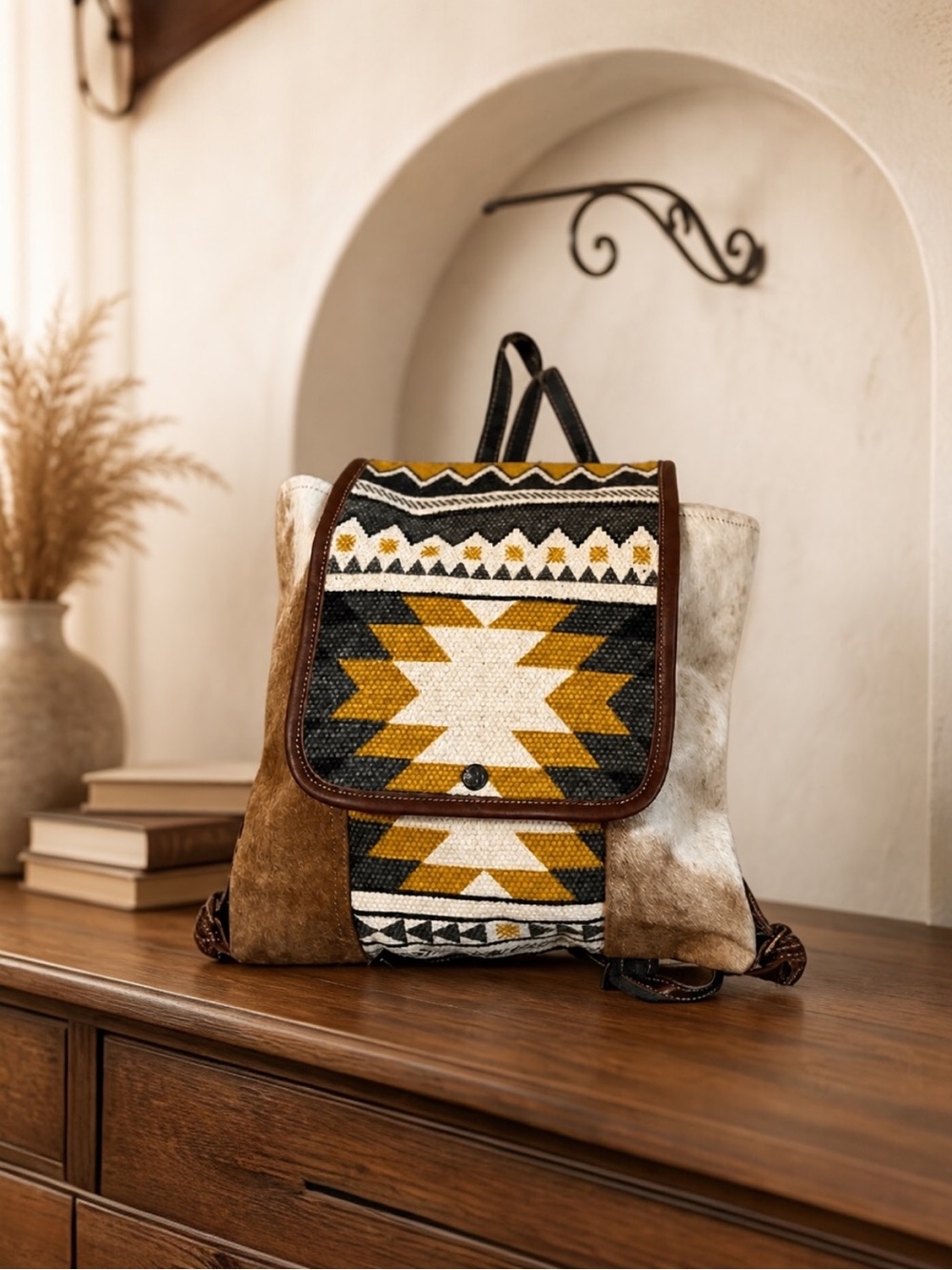 Myra Cowhide Leather Backpack Western Canvas Rug Boho Tribal School Travel Bag